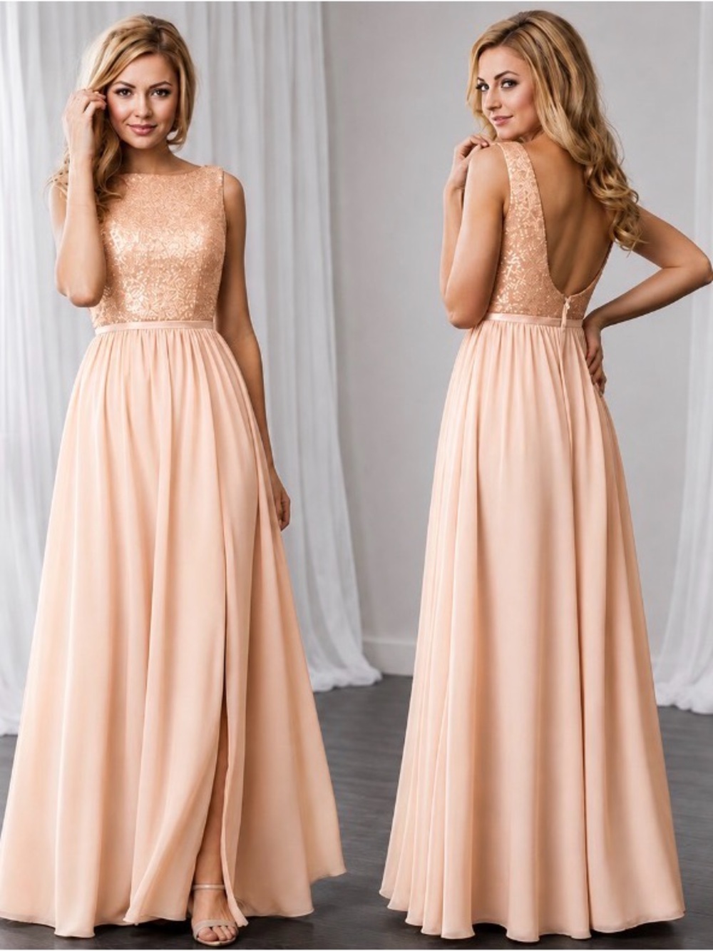 NWTChristina Wu Celebrations Sequin Bodice Chiffon Maxi Dress in Rose Gold/Blush